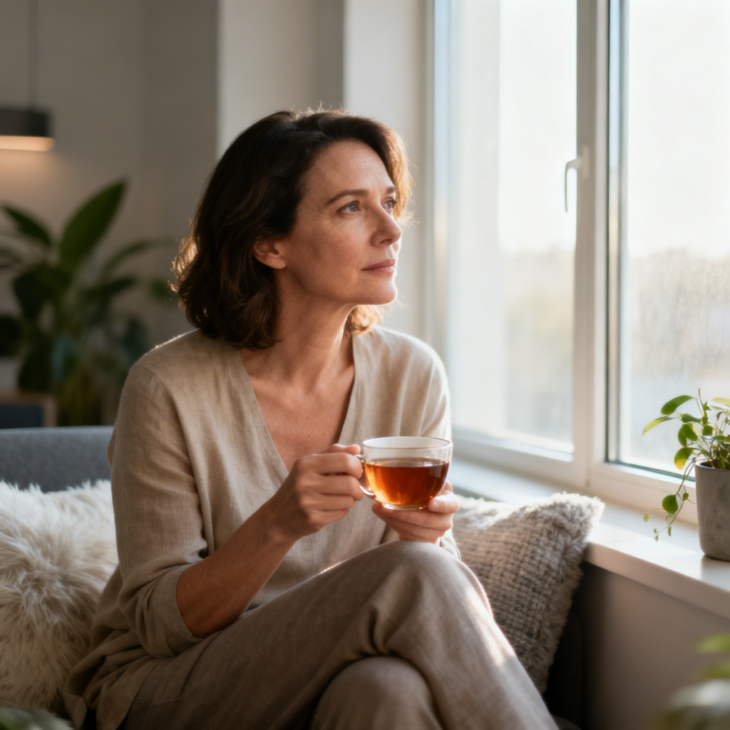Stressbedingtes Essverhalten: Nachdenkliche Frau mit Teetasse am Fenster.